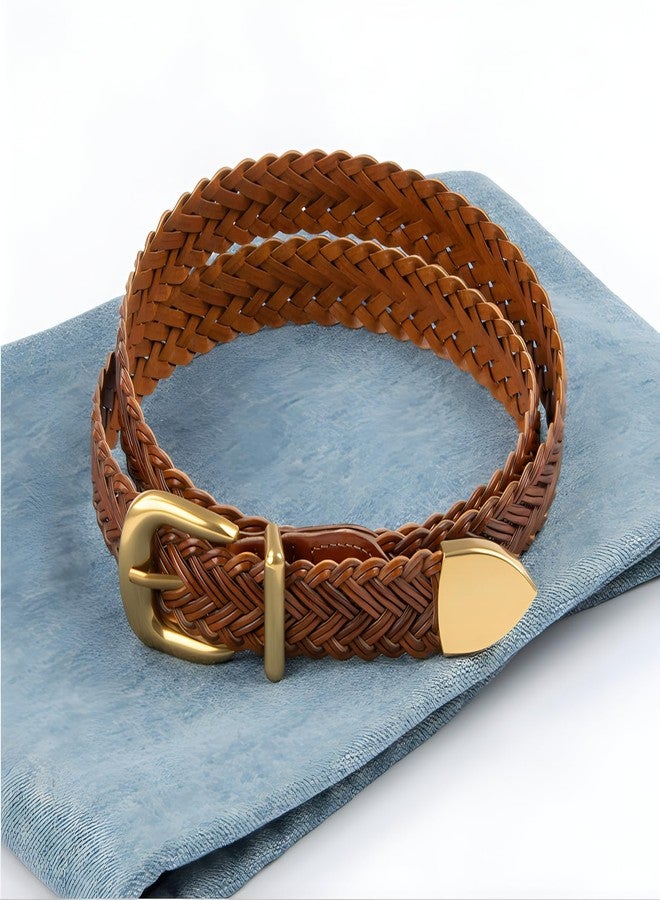 ANNULOYA Women's Braid Leather Belt,Skinny Woven Waist Belt with Gold Buckle,Dress and Jeans Belt (Brown, Length:110cm(Suit 19.5-37inch)) - Image 4